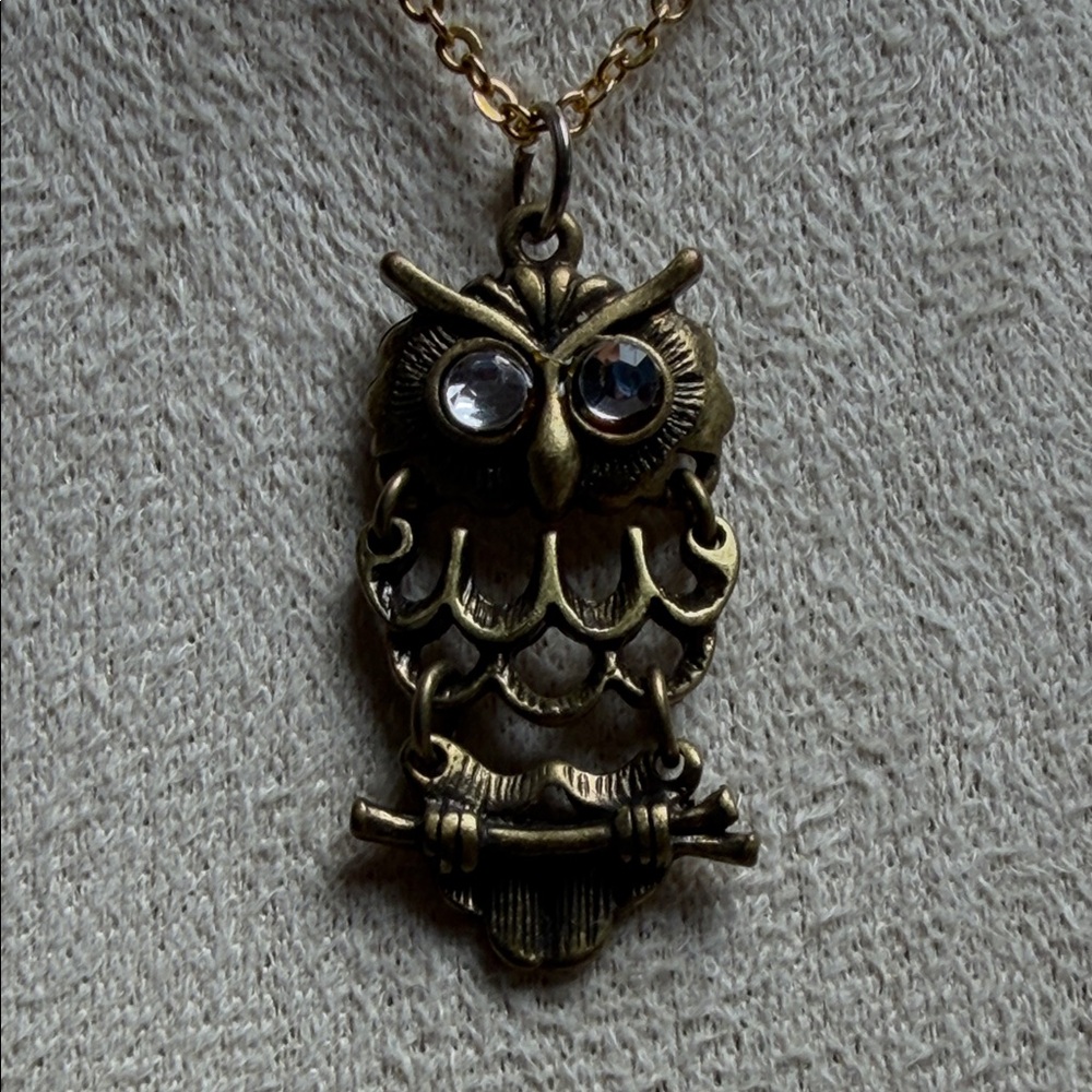 Antique Gold Owl Pendant Necklace with Crystal Eyes (#1)